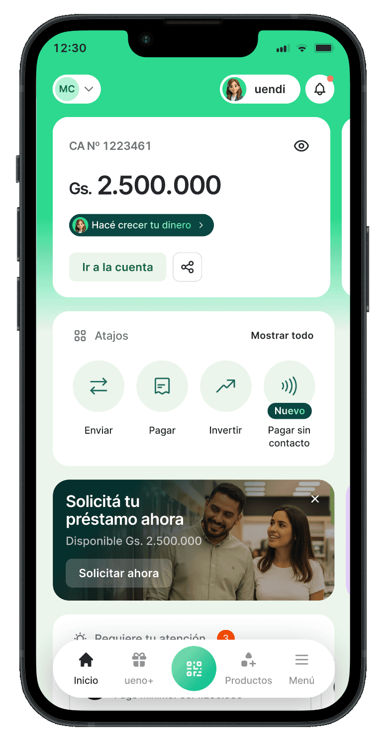 Pantalla de inicio de la app de ueno bank con un banner publicitario